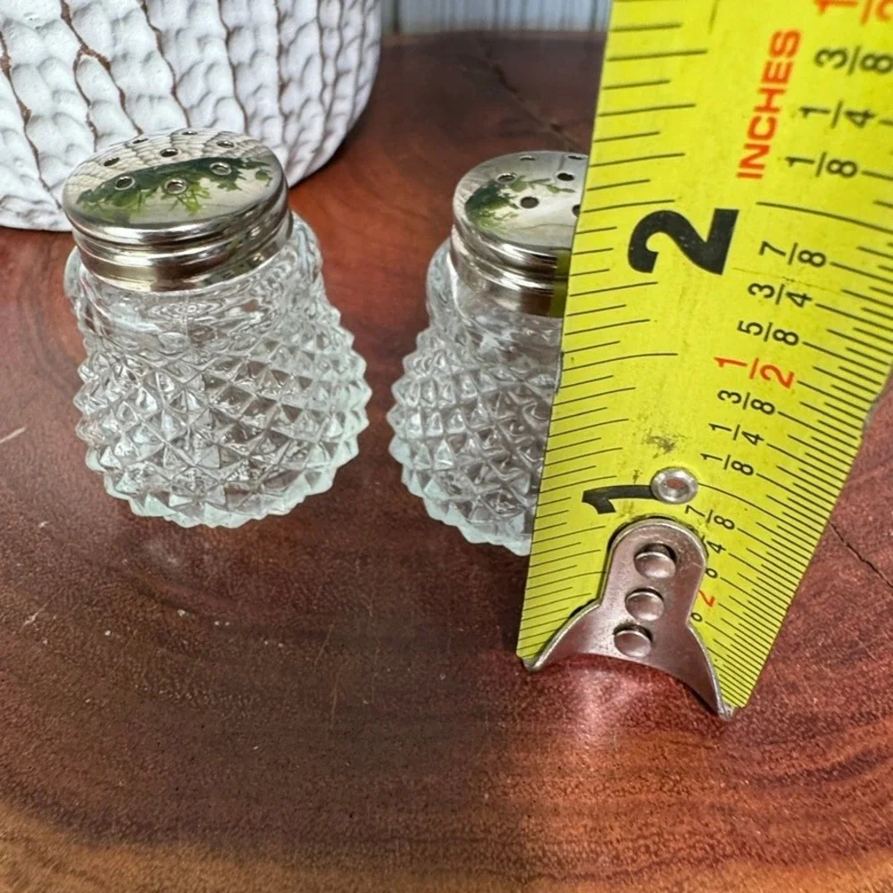 Vintage Miniature Diamond Point Glass Salt and Pepper Shakers Set Silver Lids